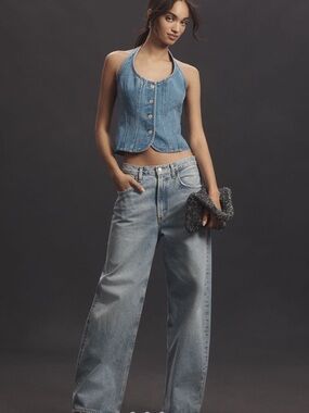 Mare Mare Halter Shrunken Denim Halter Tube Denim Top - Medium Wash Blue